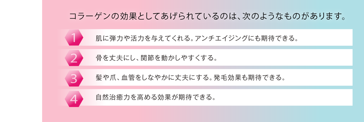 コラーゲンの効果としてあげられているのは、次のようなものがあります。